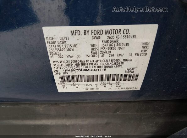 1FMSK7DH8MGB31715 2021 FORD EXPLORER Blue Շարժիչի բաժամունքի տեսք