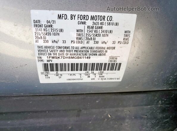 1FMSK7DH8MGB61149 2021 FORD EXPLORER Silver Vista de la etiqueta del VIN