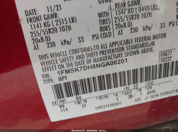 1FMSK7DH8NGA06201 2022 FORD EXPLORER Red Вид підкапотного простору