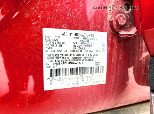 1FMSK7DH8NGA21474 2022 FORD EXPLORER Red Widok naklejki z numerem VIN