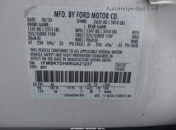 1FMSK7DH8RGA21237 2024 FORD EXPLORER Бежевый Вид подкапотного пространства