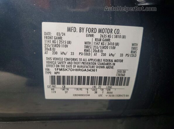 1FMSK7DH8RGA34361 2024 FORD EXPLORER Угольный Вид наклейки с VIN-кодом