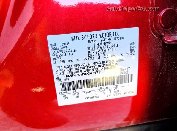 1FMSK7DH9LGA80711 2020 FORD EXPLORER Red სალონის 360-გრადუსიანი ხედი