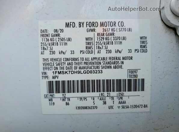 1FMSK7DH9LGD03233 2020 FORD EXPLORER White Вид наклейки з VIN-кодом