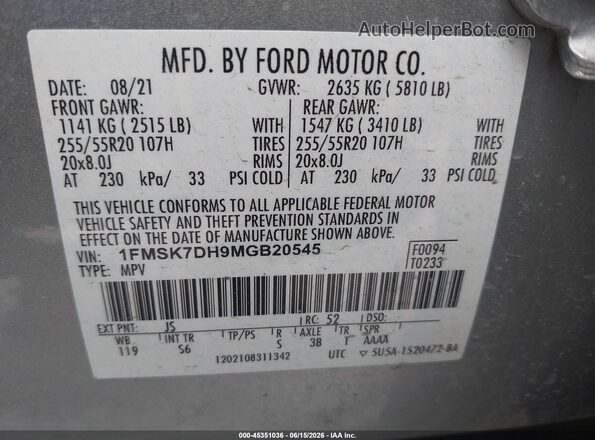 1FMSK7DH9MGB20545 2021 FORD EXPLORER Silver ძრავის განყოფილების ხედი