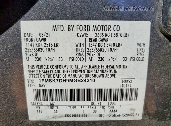 1FMSK7DH9MGB24210 2021 FORD EXPLORER Gray Widok wnętrza 360 stopni