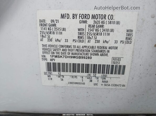 1FMSK7DH9MGB99280 2021 FORD EXPLORER White Շարժիչի բաժամունքի տեսք