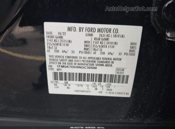 1FMSK7DH9NGC30500 2022 FORD EXPLORER Черный 