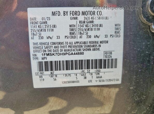1FMSK7DH9PGA44880 2023 FORD EXPLORER Gray VIN კოდის სტიკერის ხედი