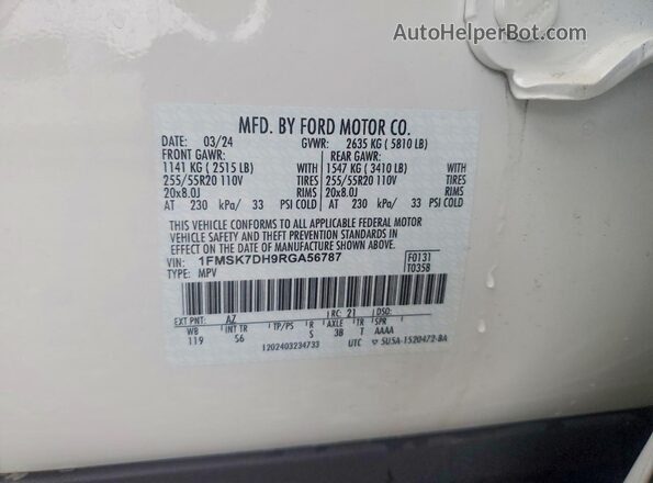1FMSK7DH9RGA56787 2024 FORD EXPLORER White VIN կոդի պիտակի տեսք