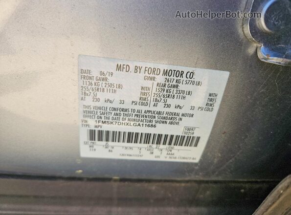 1FMSK7DHXLGA11686 2020 FORD EXPLORER Silver VIN կոդի պիտակի տեսք