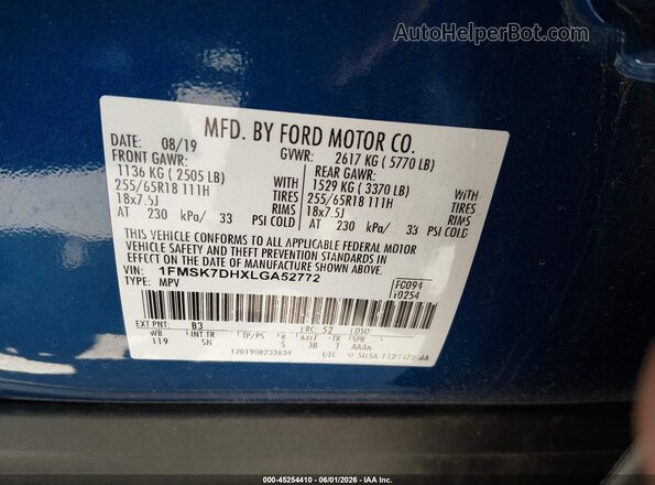 1FMSK7DHXLGA52772 2020 FORD EXPLORER Blue Engine compartment view