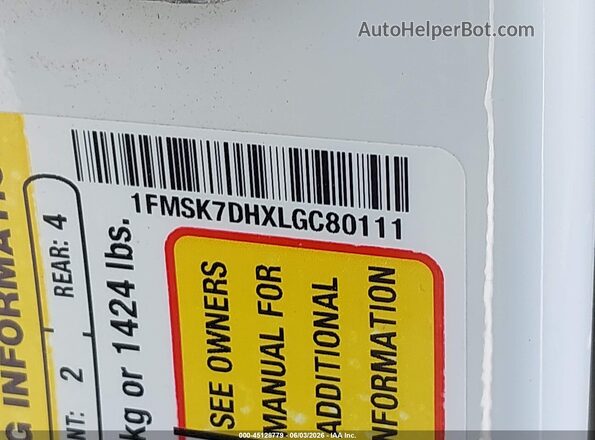 1FMSK7DHXLGC80111 2020 FORD EXPLORER White Vista del compartimento del motor