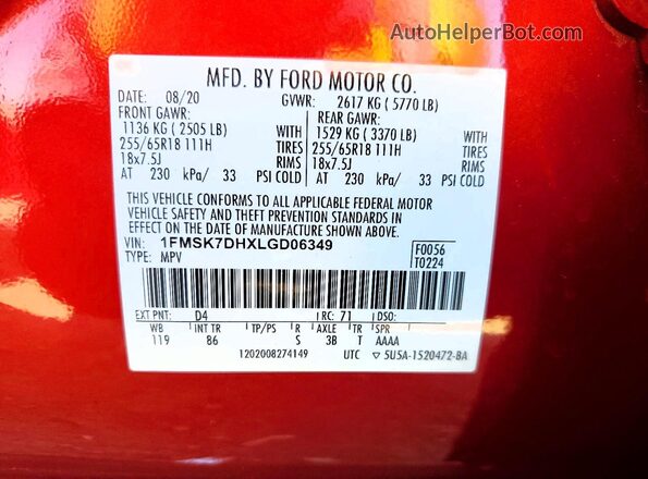 1FMSK7DHXLGD06349 2020 FORD EXPLORER Red 