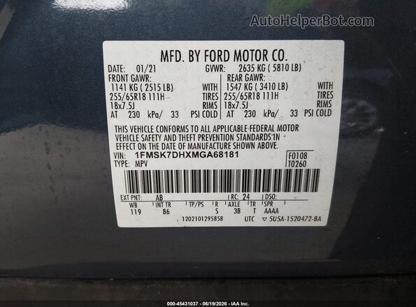 1FMSK7DHXMGA68181 2021 FORD EXPLORER Blue Vista del compartimento del motor