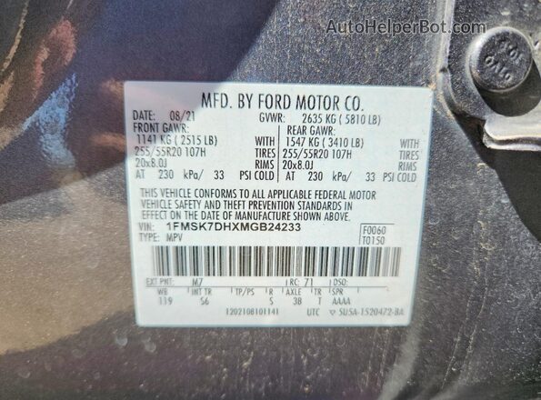 1FMSK7DHXMGB24233 2021 FORD EXPLORER Charcoal 