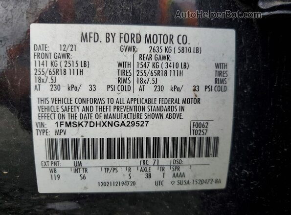1FMSK7DHXNGA29527 2022 FORD EXPLORER Black Vista interior de 360 grados