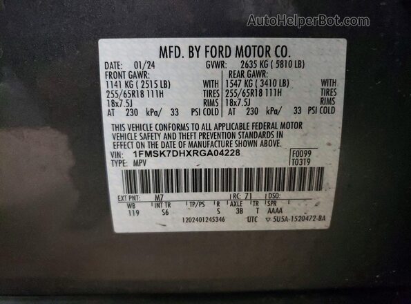 1FMSK7DHXRGA04228 2024 FORD EXPLORER Gray Widok naklejki z numerem VIN