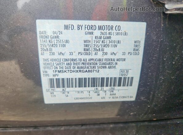 1FMSK7DHXRGA80712 2024 FORD EXPLORER Серый Панорамный вид салона 360°