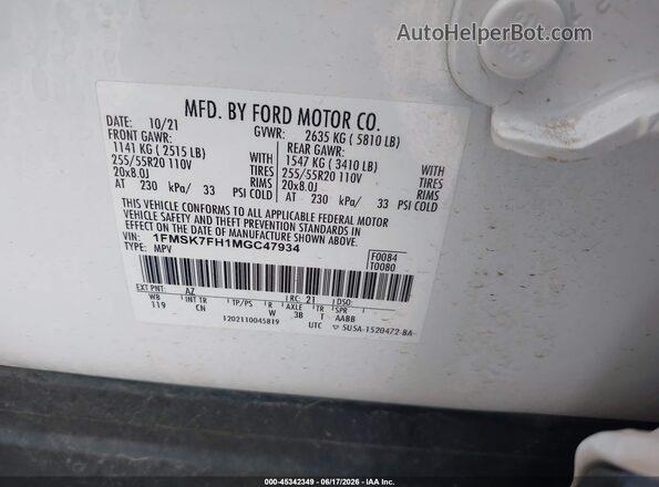 1FMSK7FH1MGC47934 2021 FORD EXPLORER White Շարժիչի բաժամունքի տեսք