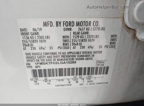 1FMSK7FH2LGA15289 2020 FORD EXPLORER White Շարժիչի բաժամունքի տեսք