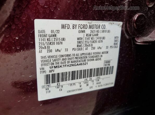 1FMSK7FH2NGA46321 2022 FORD EXPLORER Burgundy 