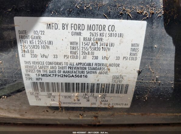 1FMSK7FH2NGA56816 2022 FORD EXPLORER Black Widok komory silnika