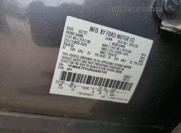 1FMSK7FH2NGA80193 2022 FORD EXPLORER Gray VIN sticker view