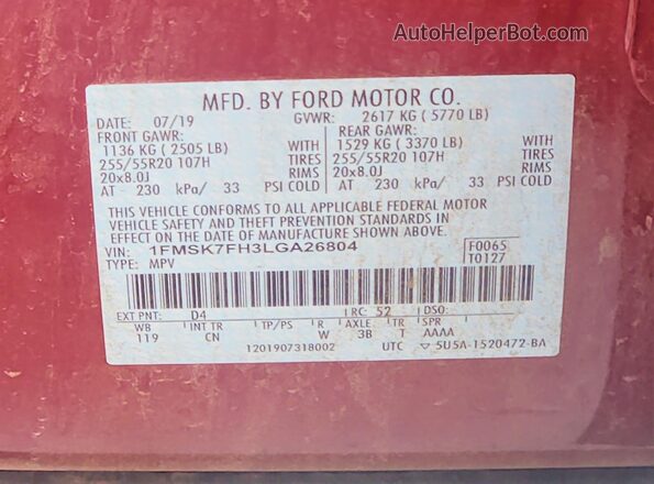 1FMSK7FH3LGA26804 2020 FORD EXPLORER Red 360 interior view