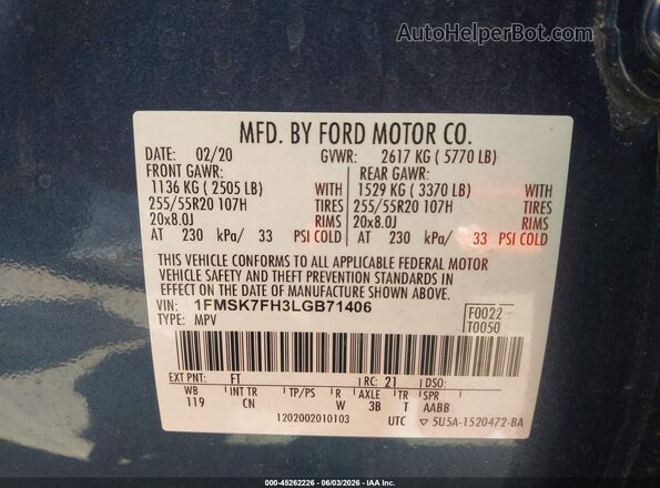 1FMSK7FH3LGB71406 2020 FORD EXPLORER Light Blue Vista del compartimento del motor