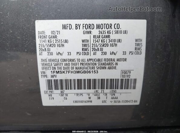 1FMSK7FH3MGB06153 2021 FORD EXPLORER Gray Widok komory silnika