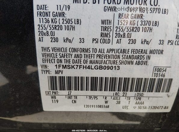 1FMSK7FH4LGB09013 2020 FORD EXPLORER Blue Շարժիչի բաժամունքի տեսք