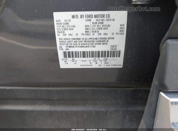 1FMSK7FH4NGA51102 2022 FORD EXPLORER Gray Vista del compartimento del motor