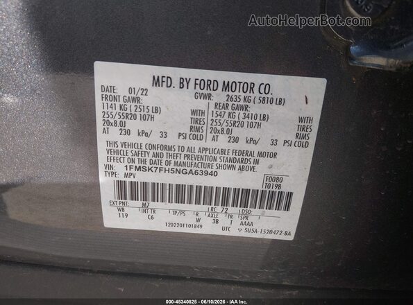 1FMSK7FH5NGA63940 2022 FORD EXPLORER Gray ძრავის განყოფილების ხედი