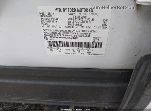 1FMSK7FH7LGA93728 2020 FORD EXPLORER White Engine compartment view