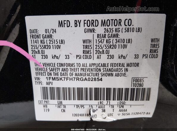 1FMSK7FH7RGA02854 2024 FORD EXPLORER Черный Вид подкапотного пространства
