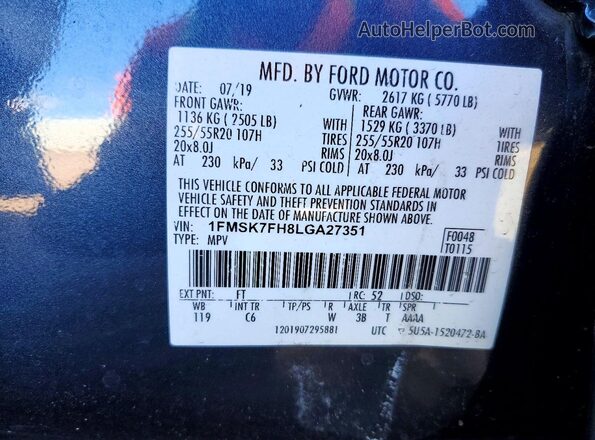 1FMSK7FH8LGA27351 2020 FORD EXPLORER Синий Вид подкапотного пространства