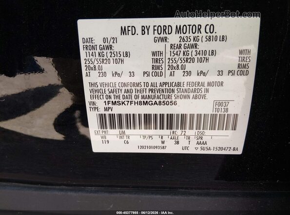 1FMSK7FH8MGA85056 2021 FORD EXPLORER Black Вид підкапотного простору