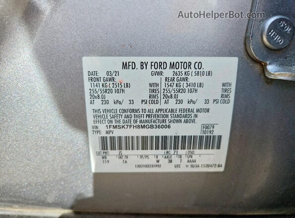 1FMSK7FH8MGB36006 2021 FORD EXPLORER Silver Панорамний вид салону 360°