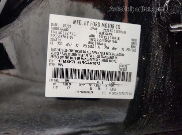 1FMSK7FH8RGA61072 2024 FORD EXPLORER Черный Вид наклейки с VIN-кодом