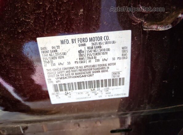 1FMSK7FHXNGA81267 2022 FORD EXPLORER Burgundy 