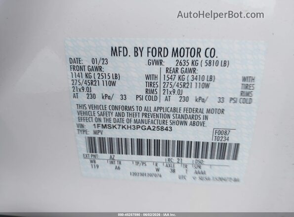 1FMSK7KH3PGA25843 2023 FORD EXPLORER White Շարժիչի բաժամունքի տեսք