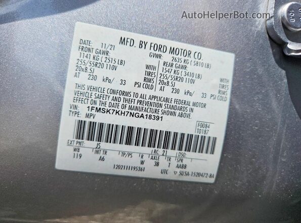 1FMSK7KH7NGA18391 2022 FORD EXPLORER Silver Vista de la etiqueta del VIN