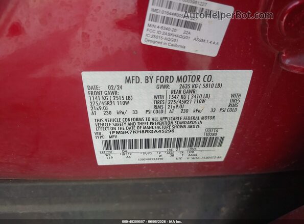 1FMSK7KH8RGA45296 2024 FORD EXPLORER Красный Вид подкапотного пространства