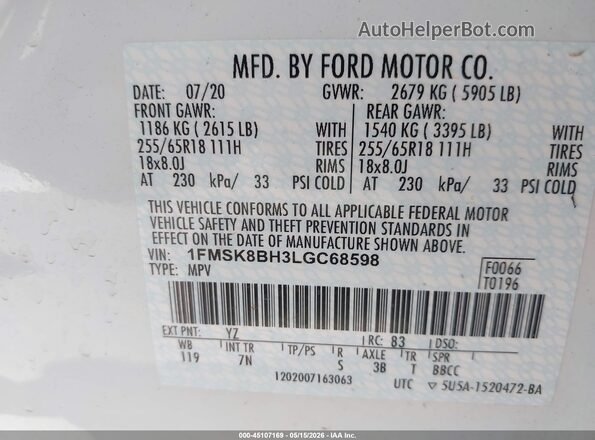 1FMSK8BH3LGC68598 2020 FORD EXPLORER White 