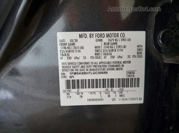1FMSK8BH7LGC00689 2020 FORD EXPLORER Gray 