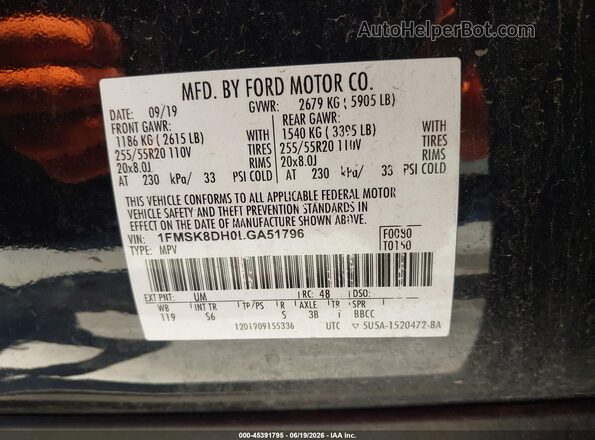 1FMSK8DH0LGA51796 2020 FORD EXPLORER Black Engine compartment view