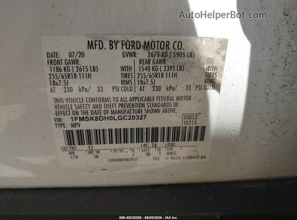 1FMSK8DH0LGC20327 2020 FORD EXPLORER Белый Вид подкапотного пространства