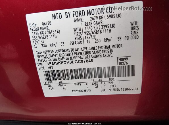 1FMSK8DH0LGC87848 2020 FORD EXPLORER Red Вид підкапотного простору