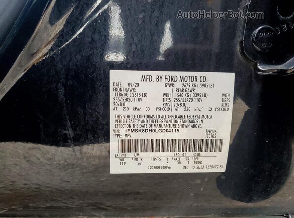 1FMSK8DH0LGD04115 2020 FORD EXPLORER Black Widok naklejki z numerem VIN